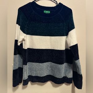 Navy, green, teal, and white sweater